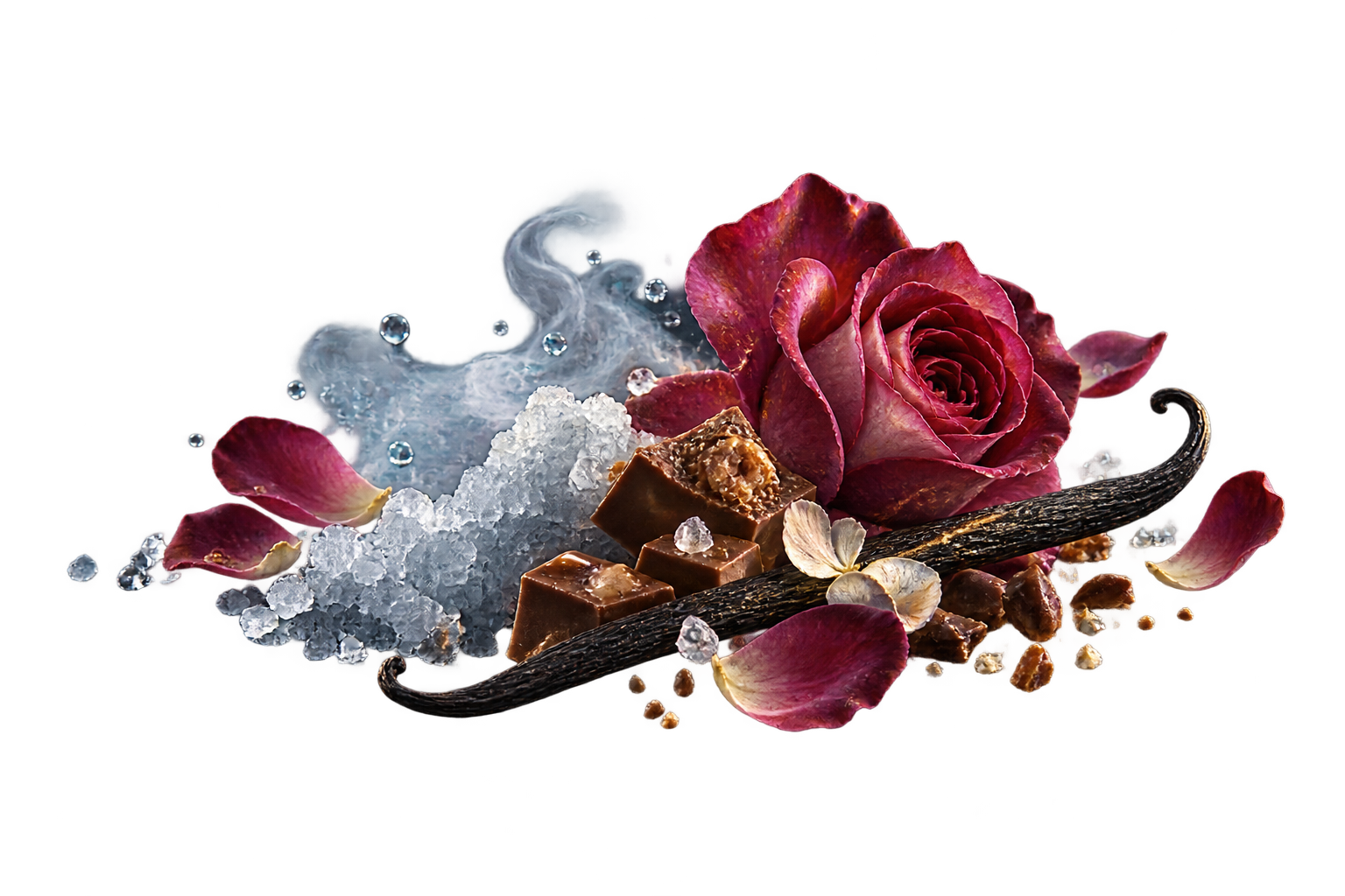 Accords de sel marin, rose, praline et vanille