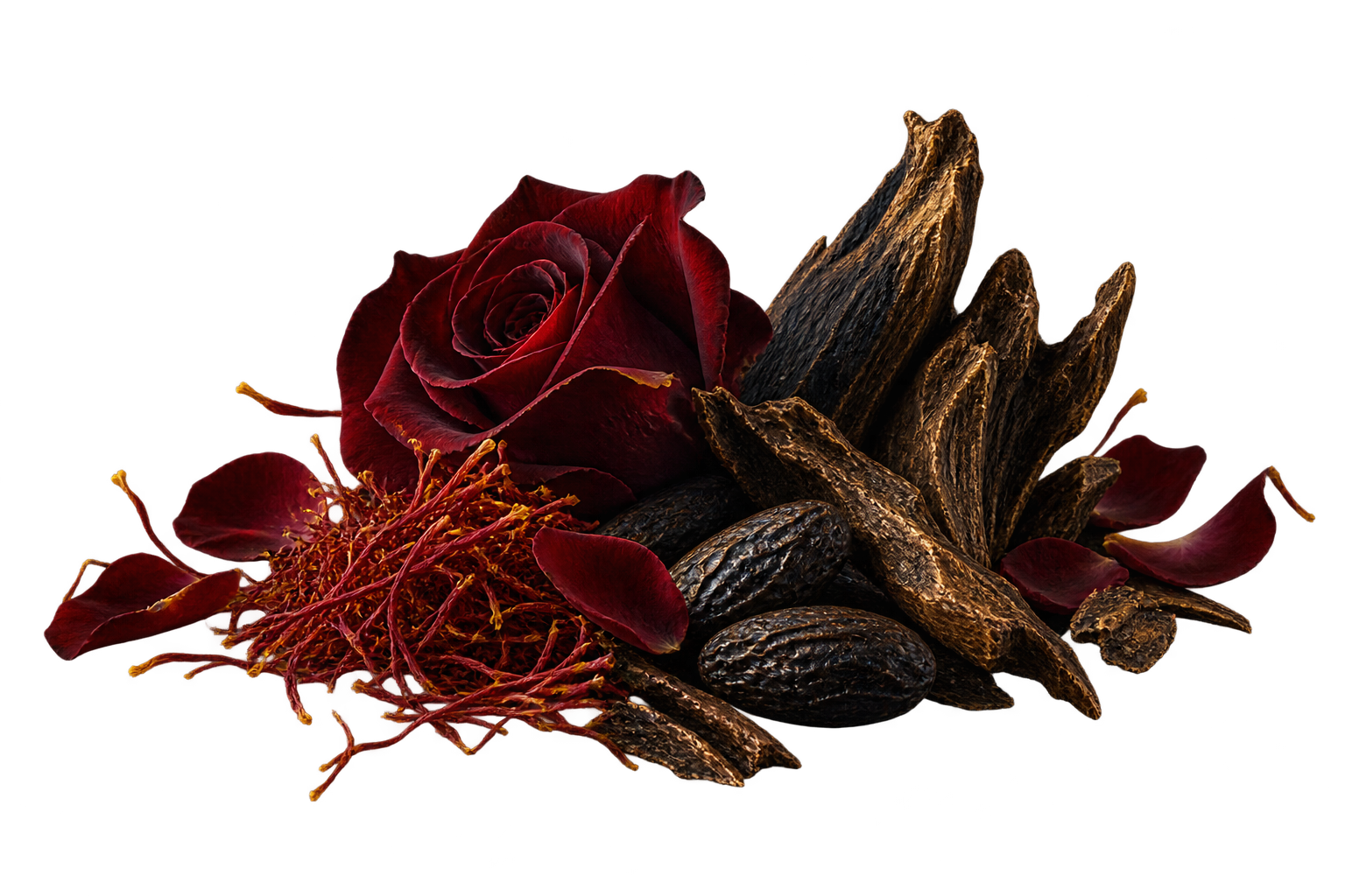 Accords de safran, rose, fève tonka et bois oud